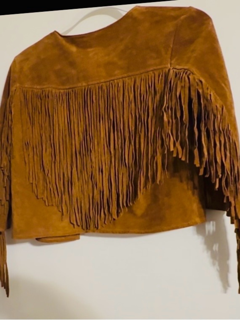 Suede tan jacket, with tassels on sleeves/back, fits sm/med, used - Picture 4 of 7